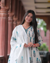 Arihantam Ivory Stripe Bloom Hand-Block Printed Cotton Suit Set With Dupatta